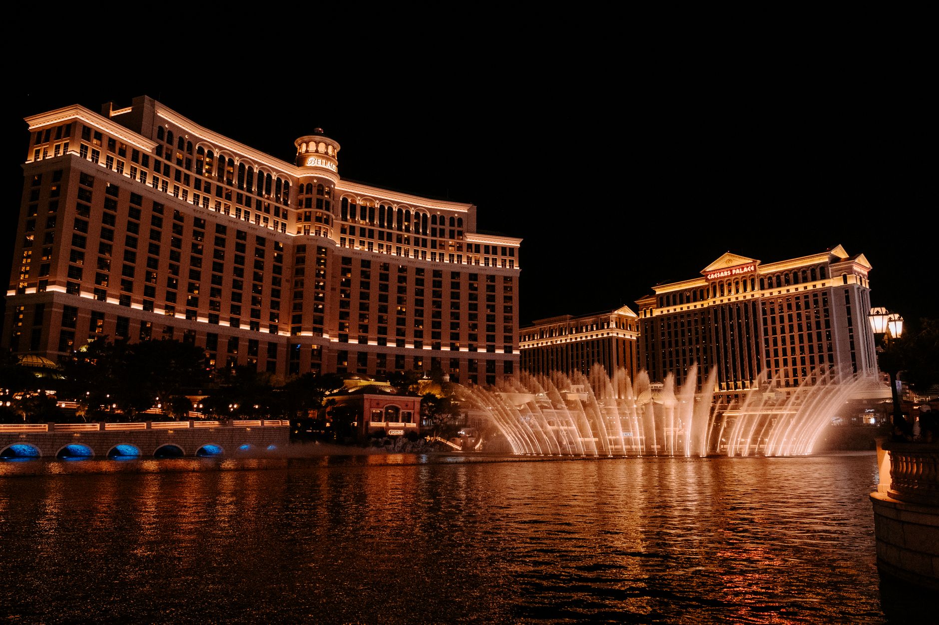 The Bellagio fountains lit at night in Las Vegas