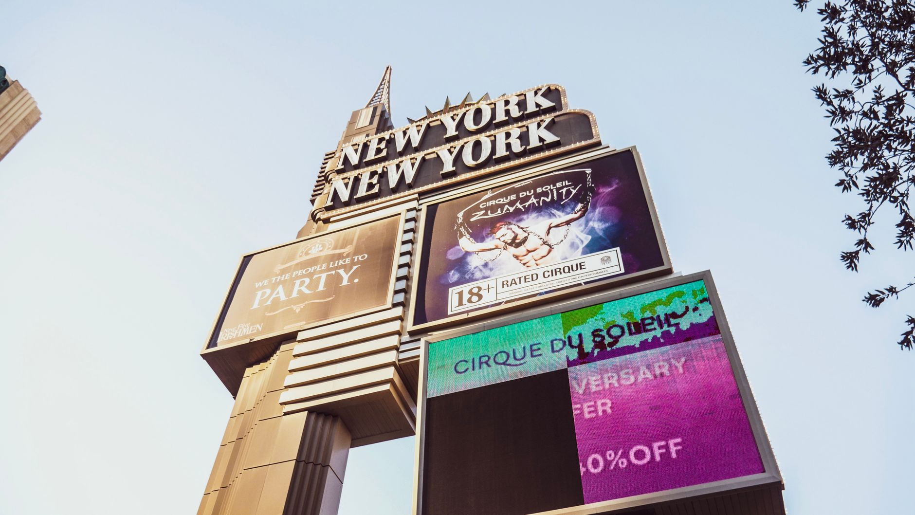 The New York-New York sign on the Strip advertising Cirque du Soleil